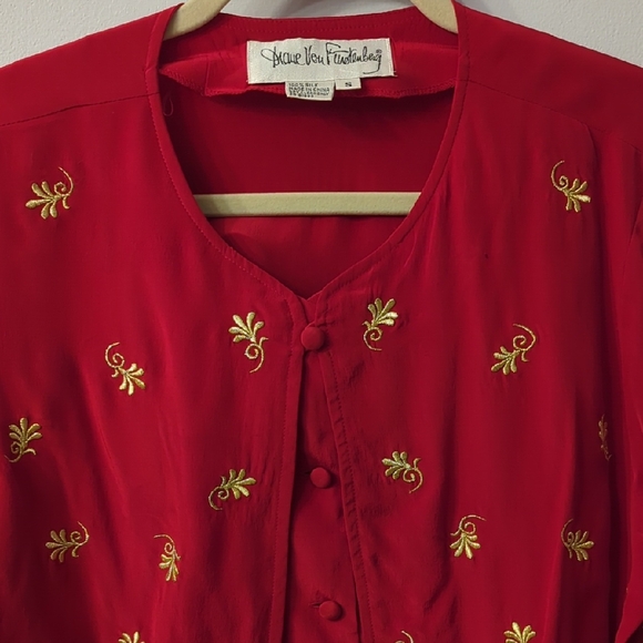 Diane Von Furstenberg Tops - Vintage 80s Diane Von Furstenberg Red Blouse with Gold Embroidery